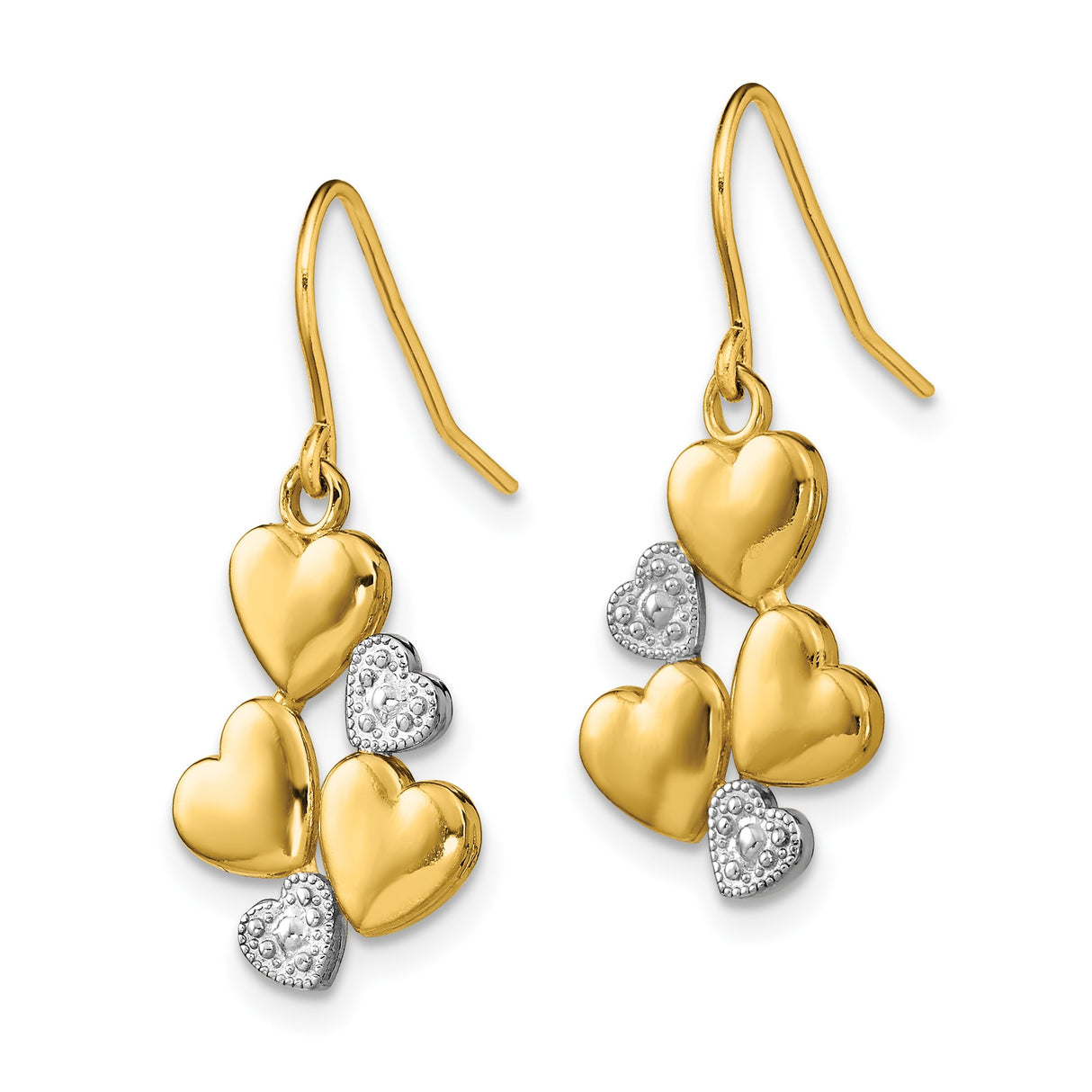 14k Yellow Gold Dangle Earrings with Polished and Textured Heart Charms, Tri-Heart Design