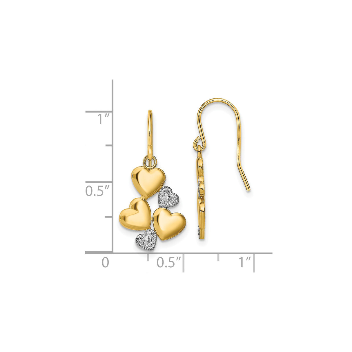 14k Yellow Gold Dangle Earrings with Polished and Textured Heart Charms, Tri-Heart Design