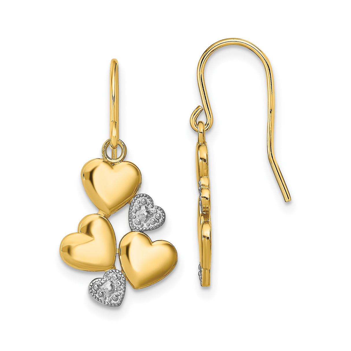 14k Yellow Gold Dangle Earrings with Polished and Textured Heart Charms, Tri-Heart Design