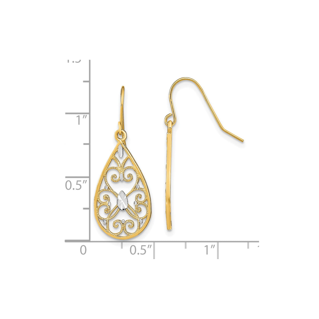 14k Yellow Gold Teardrop Dangle Earrings with Open Scrollwork and Marquise Accent
