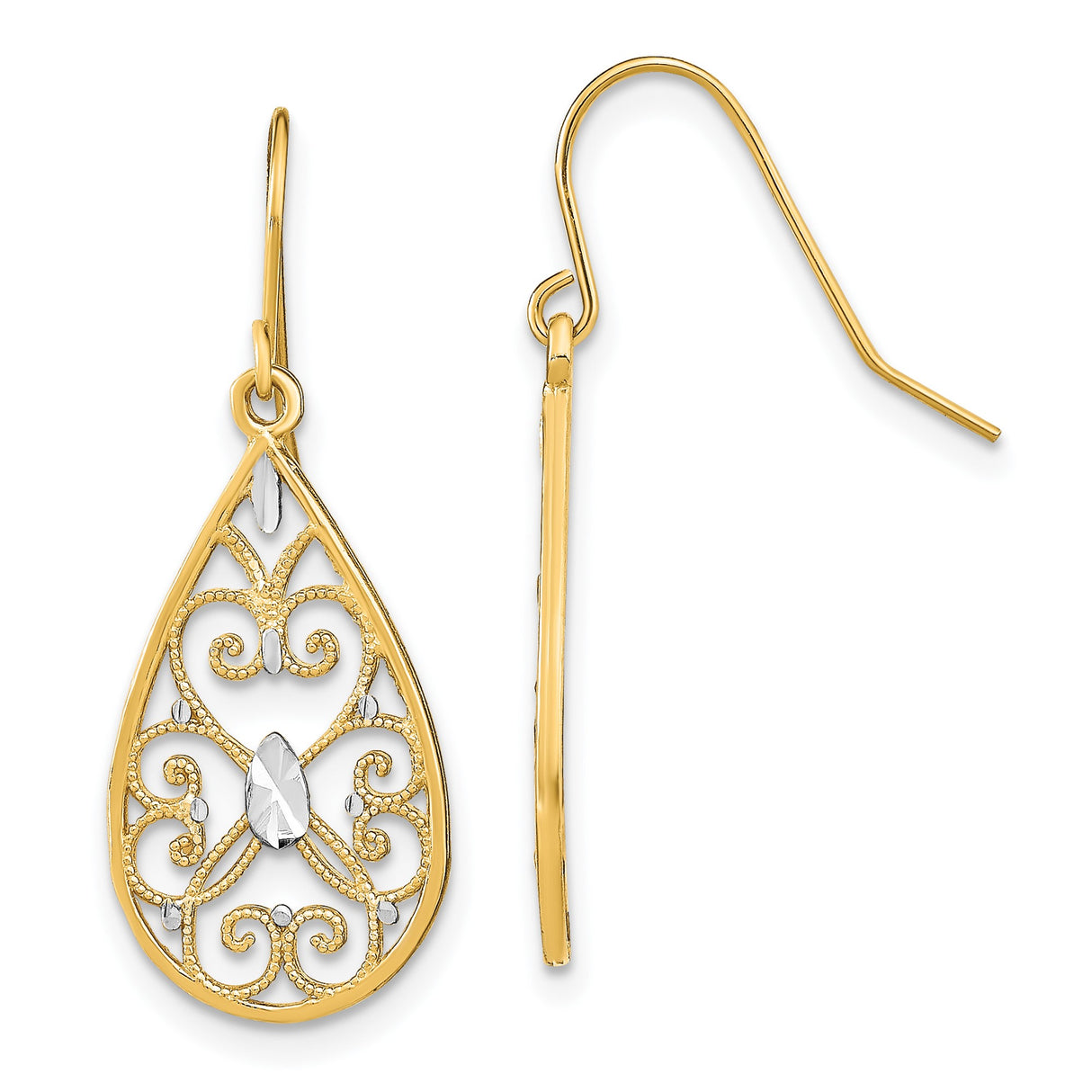 14k Yellow Gold Teardrop Dangle Earrings with Open Scrollwork and Marquise Accent