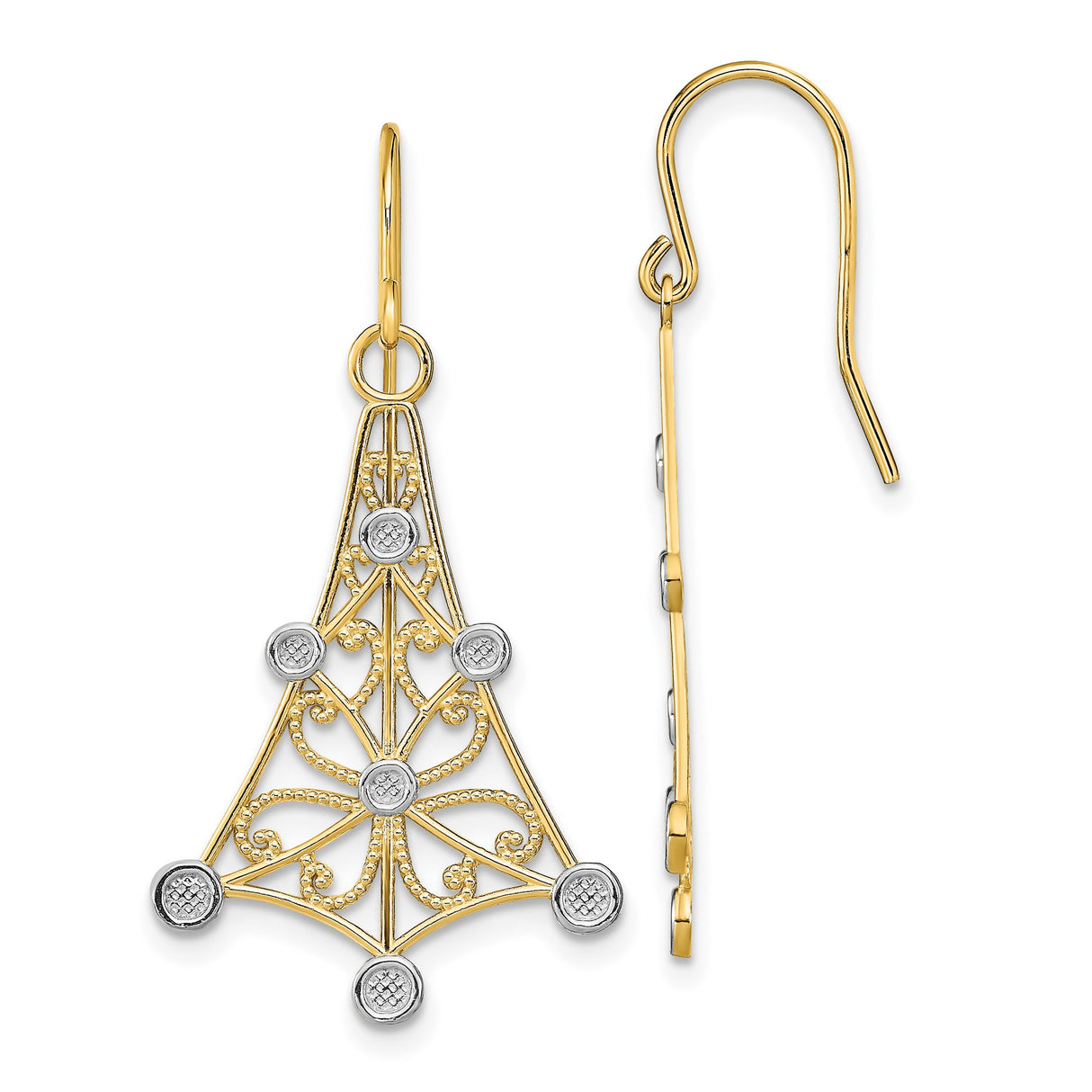 14k Yellow Gold Dangle Earrings with Filigree Scroll and Tree Silhouette Motif