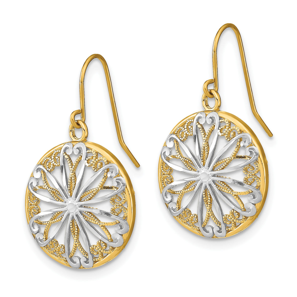 14k Yellow Gold Dangle Earrings with Floral Mandala Filigree Design for Women