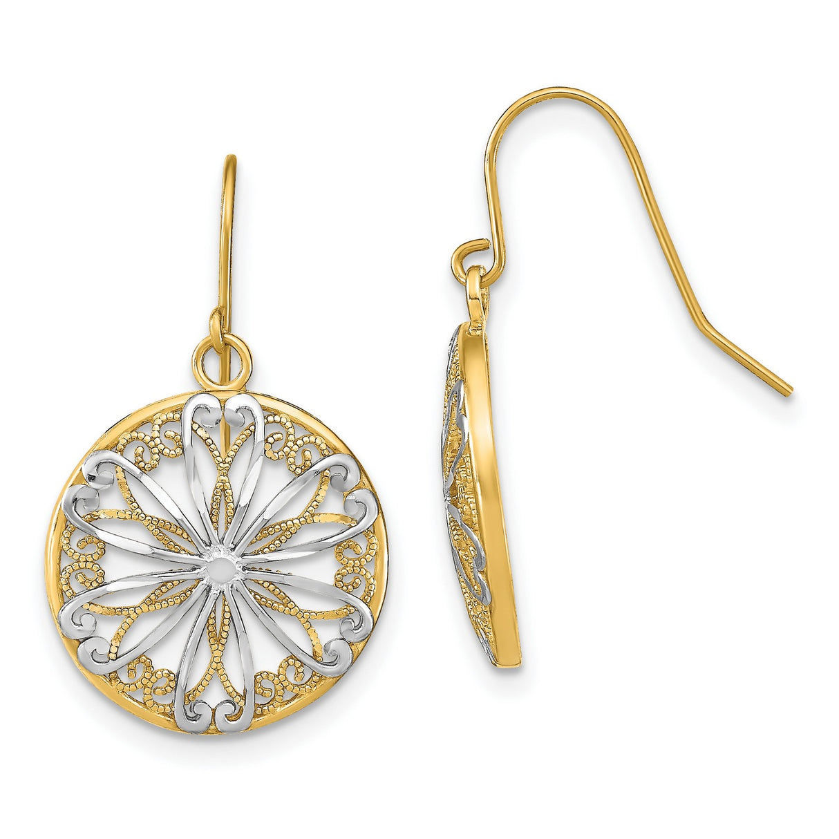 14k Yellow Gold Dangle Earrings with Floral Mandala Filigree Design for Women