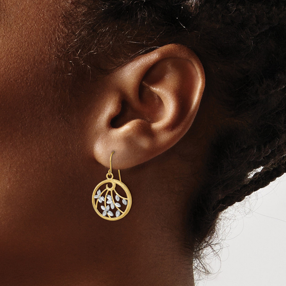 14k Yellow Gold Dangle Earrings with Round Openwork Leaf Design, Two Tone Nature Inspired Jewelry