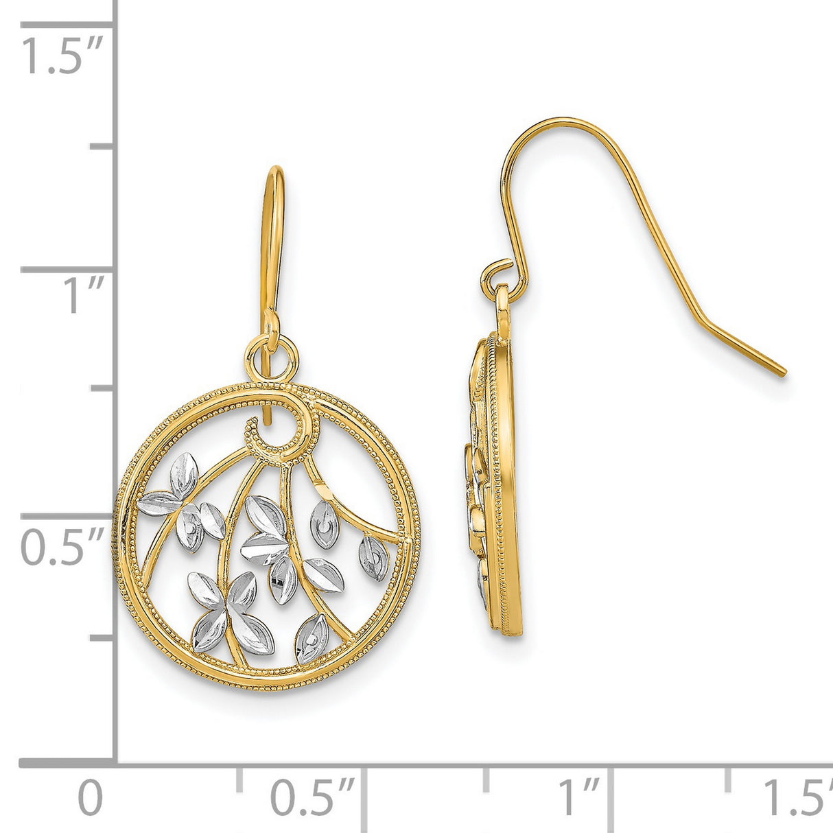 14k Yellow Gold Dangle Earrings with Round Openwork Leaf Design, Two Tone Nature Inspired Jewelry
