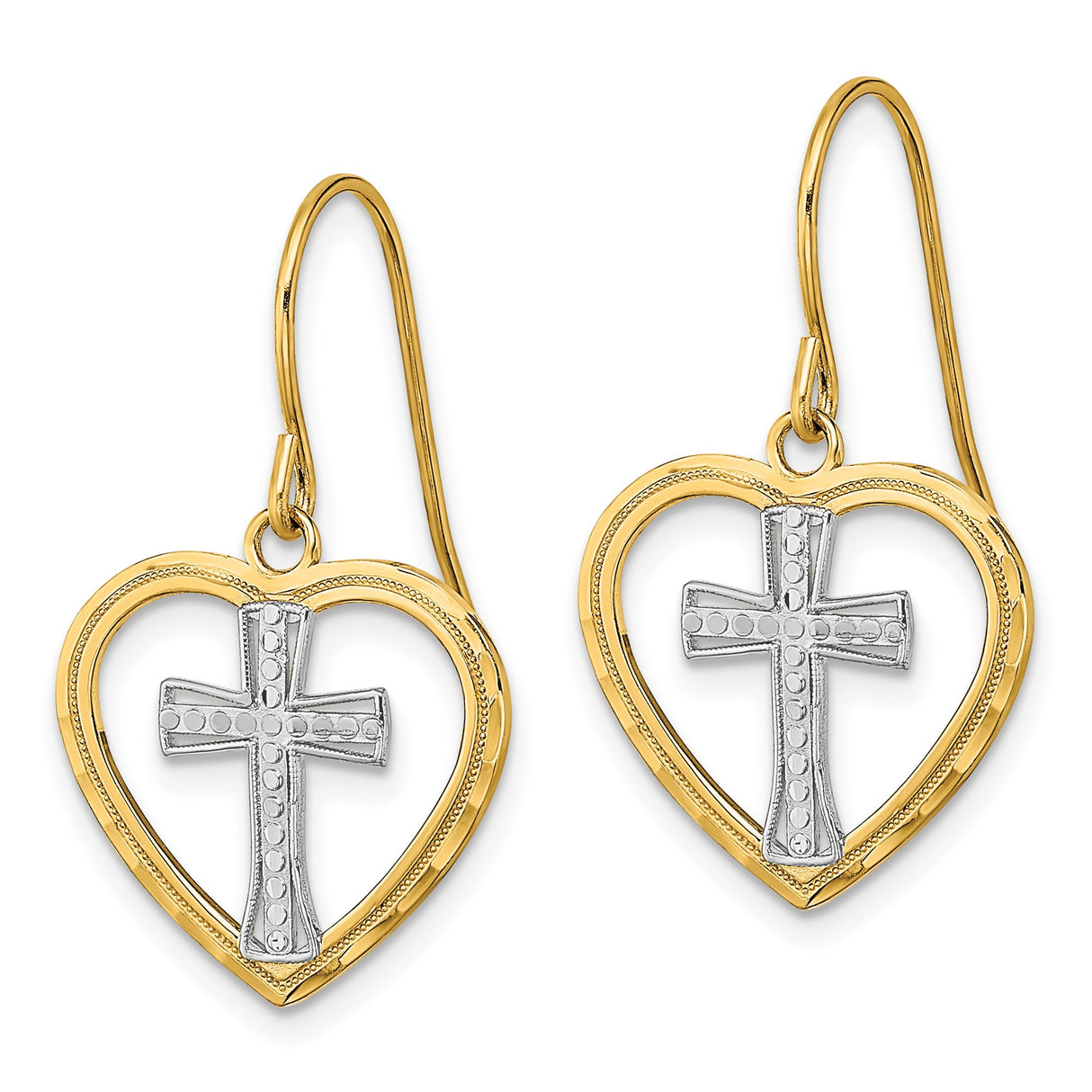 14k Yellow Gold Dangle Earrings with Heart Frame and Textured Cross Design