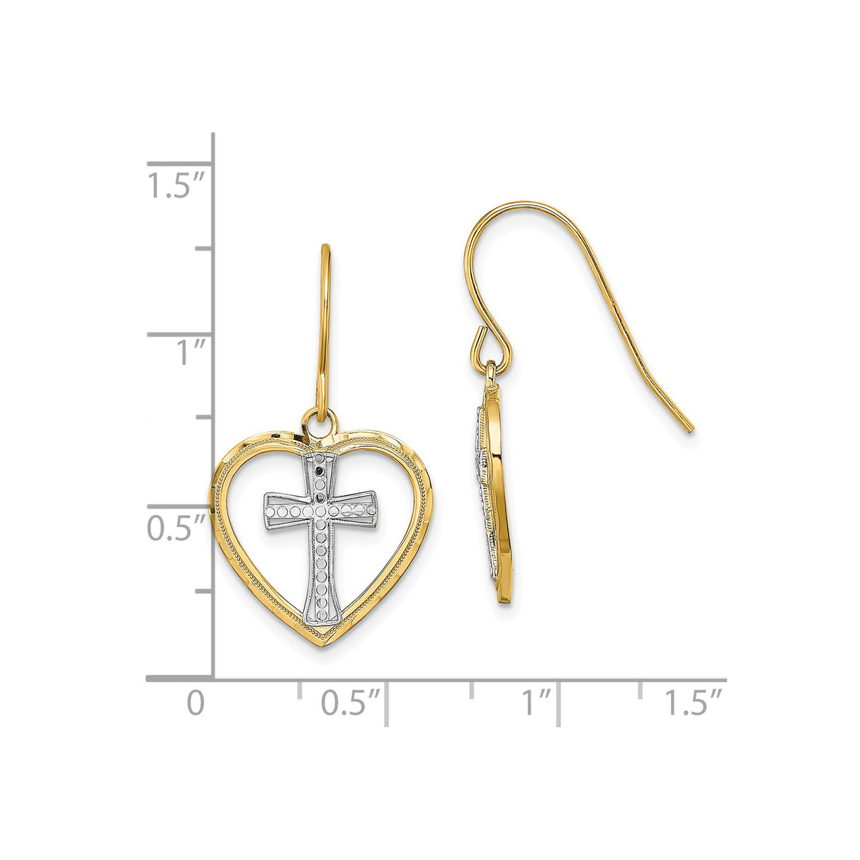 14k Yellow Gold Dangle Earrings with Heart Frame and Textured Cross Design