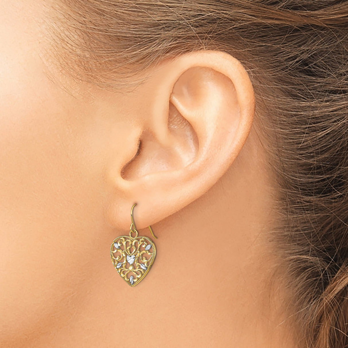 14k Yellow Gold Drop Earrings with Rhodium Accents, Filigree Heart and Floral Openwork Design