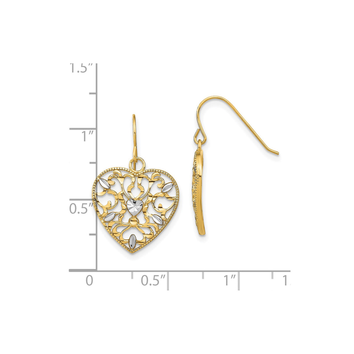 14k Yellow Gold Drop Earrings with Rhodium Accents, Filigree Heart and Floral Openwork Design
