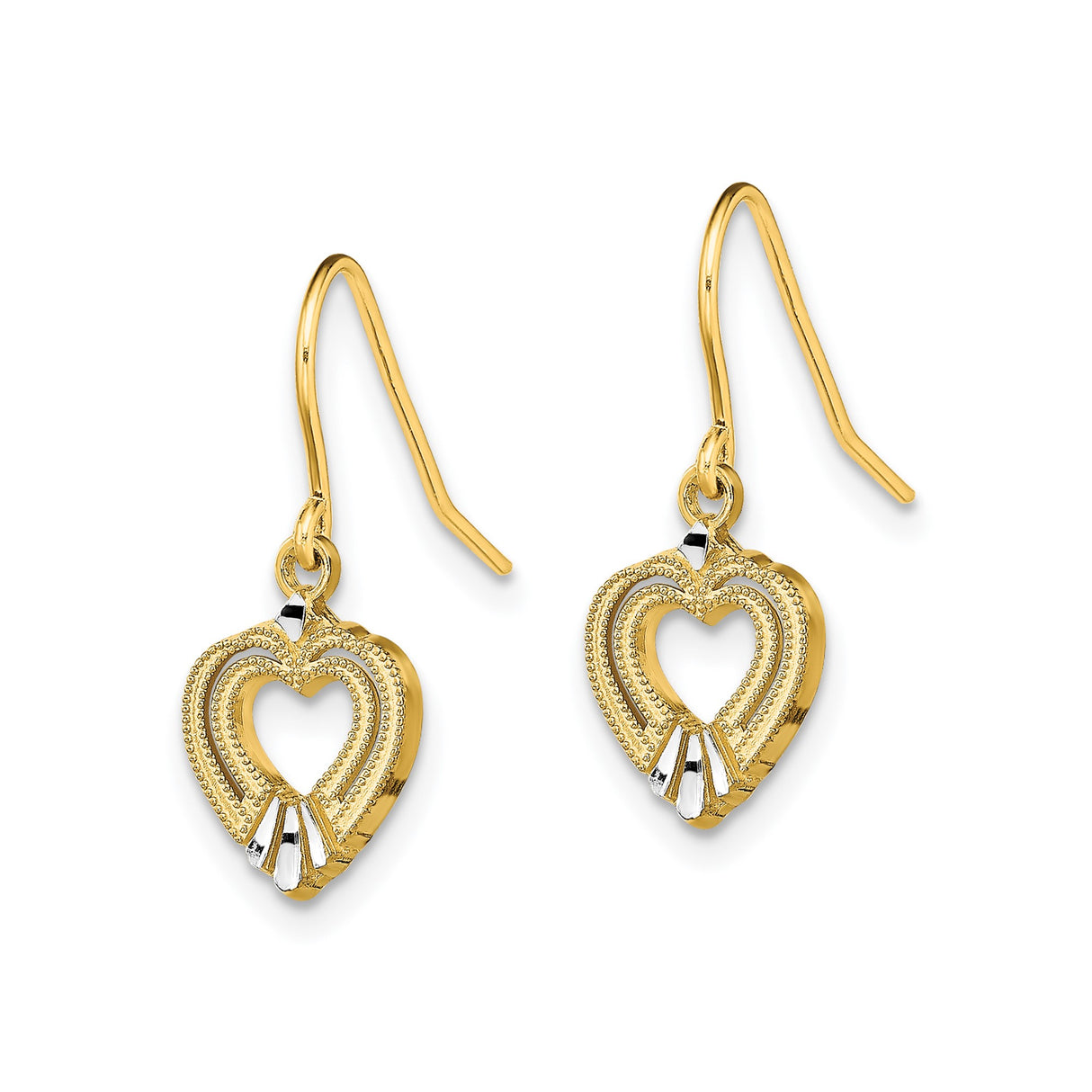 14k Yellow Gold and Rhodium Drop Earrings, Open Heart Design with Milgrain Beading, for Women