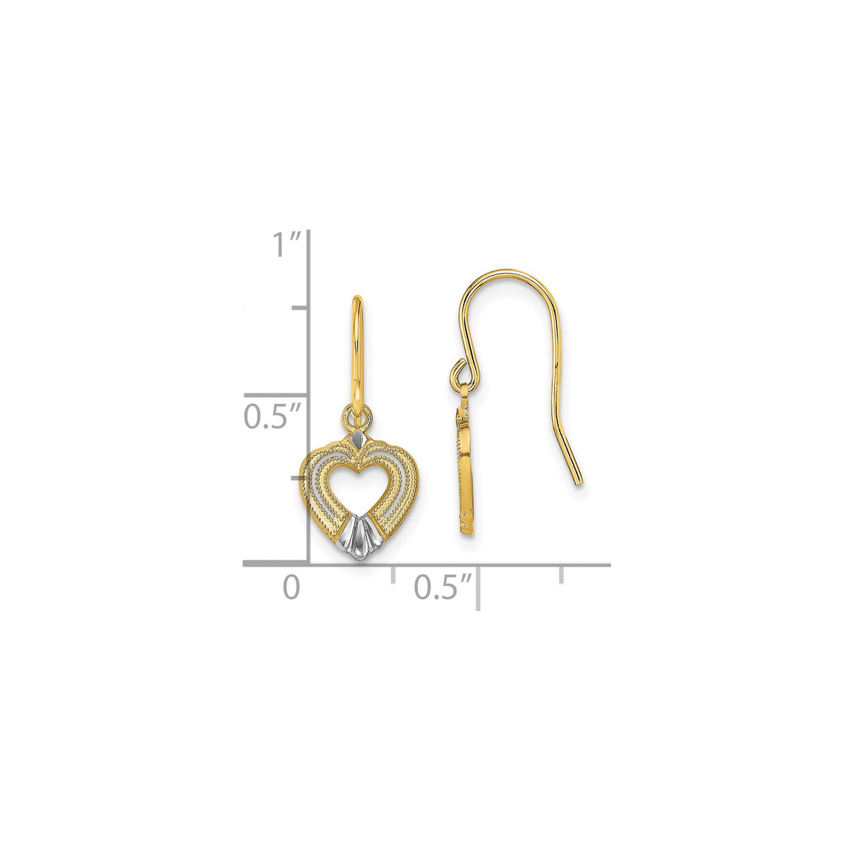 14k Yellow Gold and Rhodium Drop Earrings, Open Heart Design with Milgrain Beading, for Women