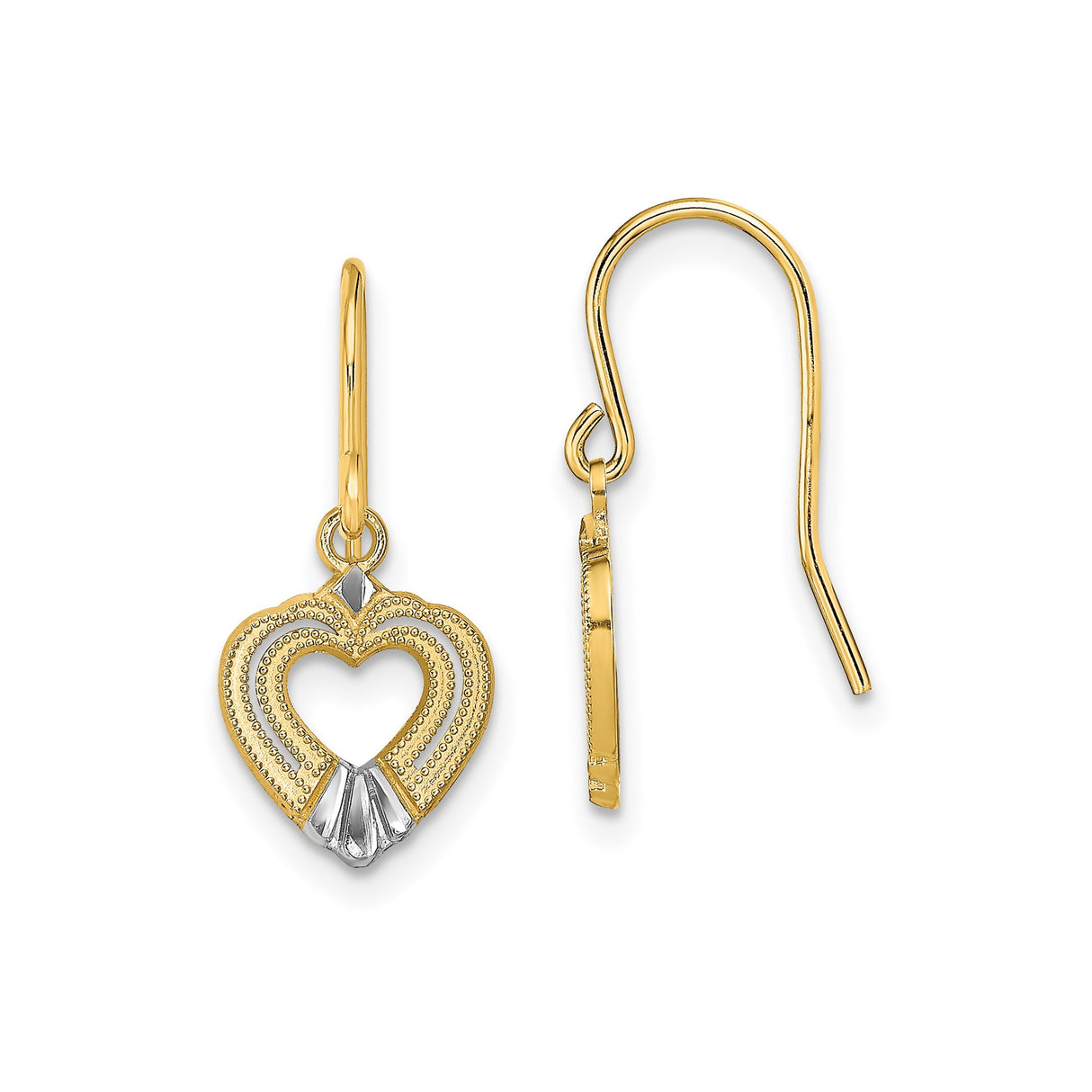14k Yellow Gold and Rhodium Drop Earrings, Open Heart Design with Milgrain Beading, for Women