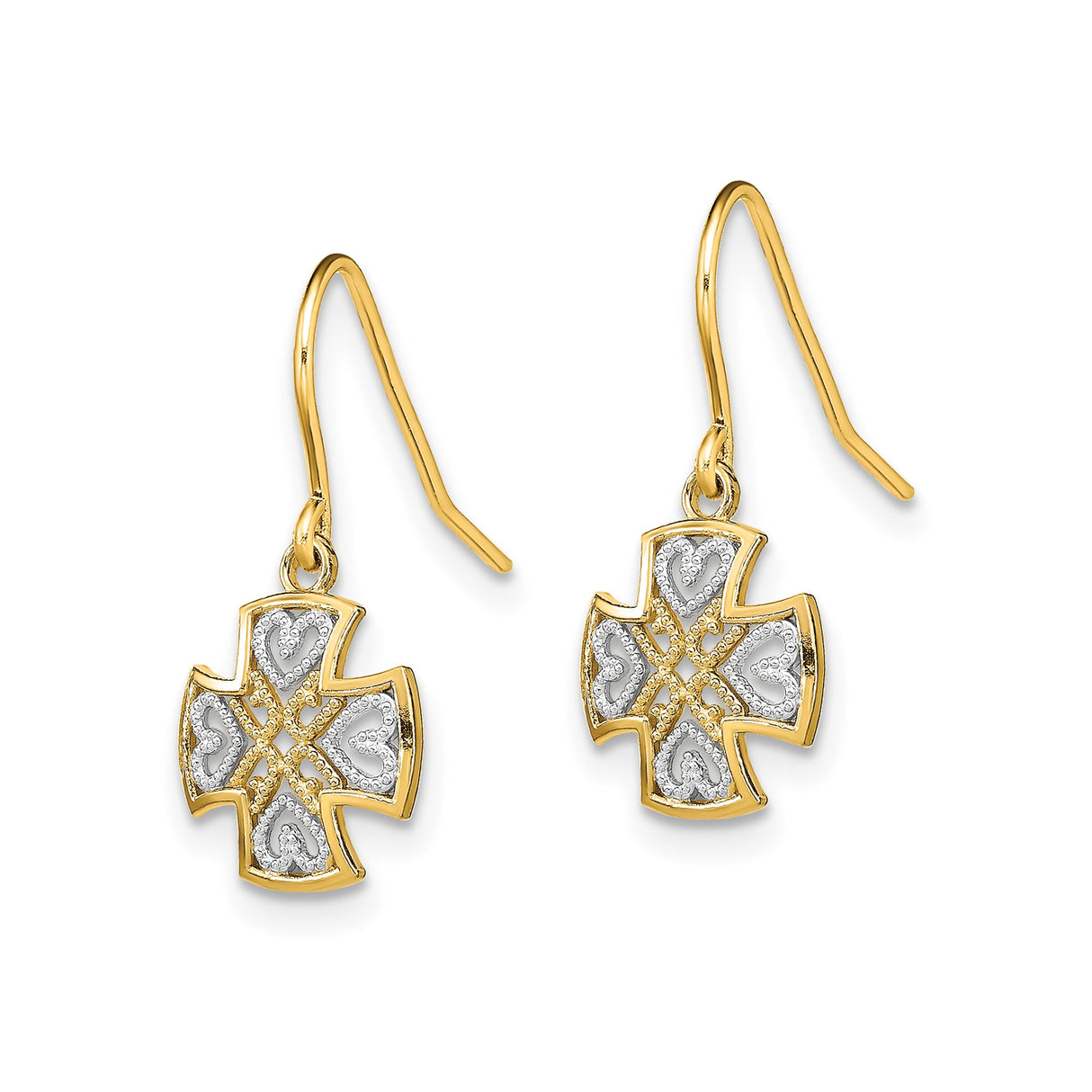 14k Yellow Gold Dangle Earrings with Maltese Cross and Heart Design, Christian Religious Jewelry