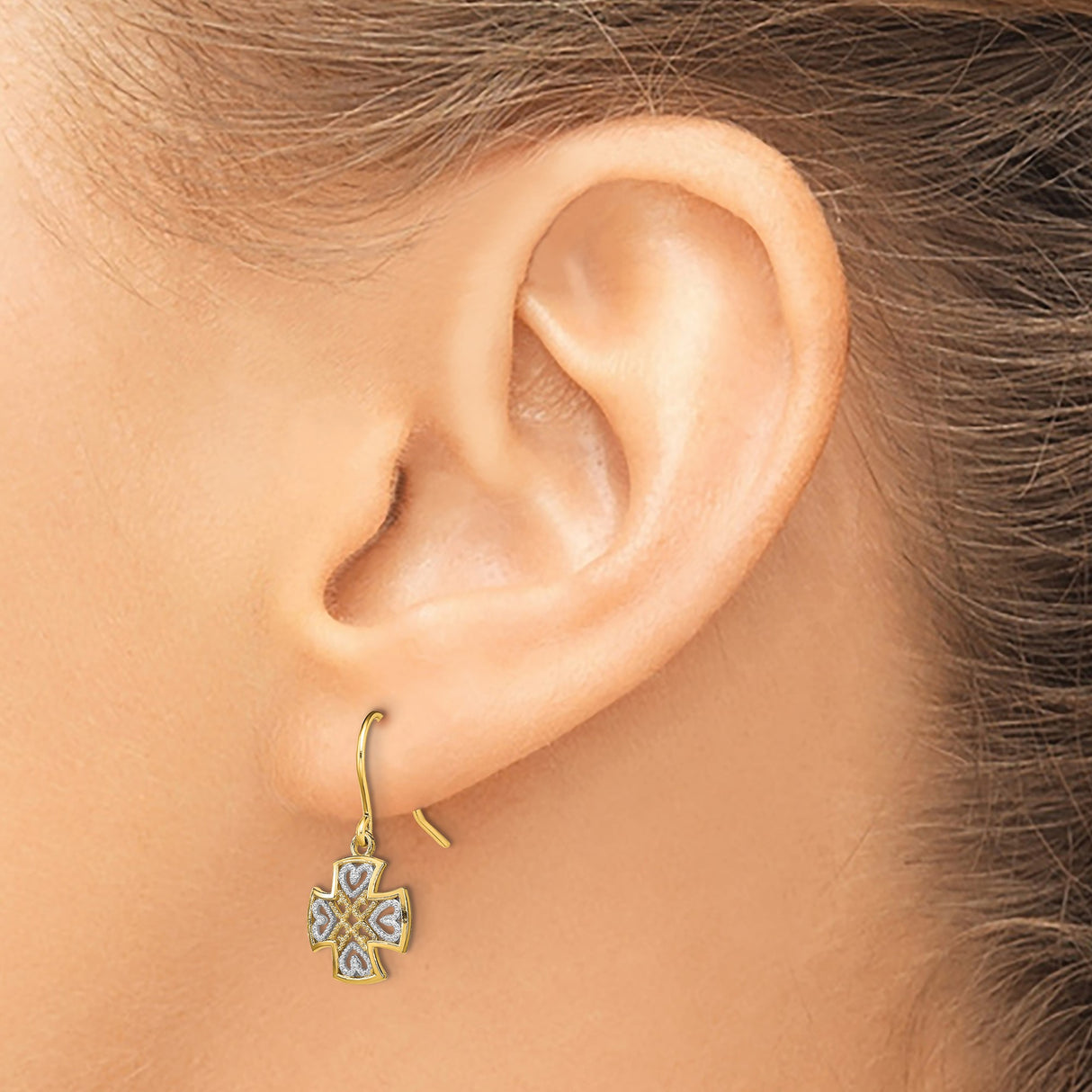 14k Yellow Gold Dangle Earrings with Maltese Cross and Heart Design, Christian Religious Jewelry