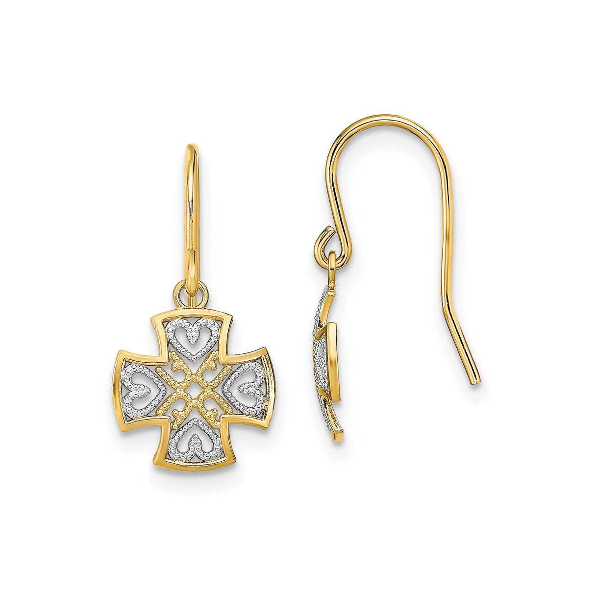 14k Yellow Gold Dangle Earrings with Maltese Cross and Heart Design, Christian Religious Jewelry