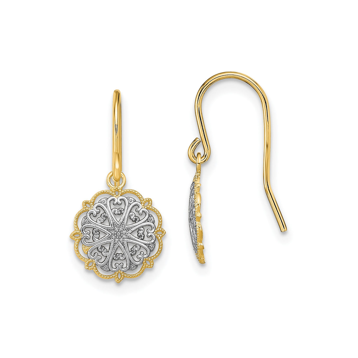 14k Two-Tone Gold Mandala Dangle Earrings with Filigree Floral Design