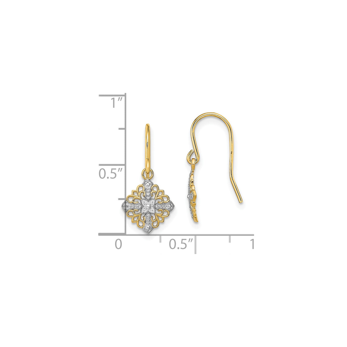 14k Yellow Gold Cross Dangle Earrings with Rhodium Filigree and Fleur-de-Lis Accents for Women