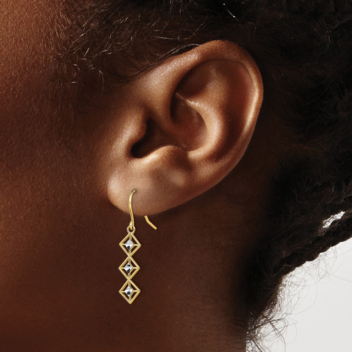 14k Yellow Gold Dangle Earrings, Geometric Drop Design with Diamond-Cut Centers, Two-Tone Style
