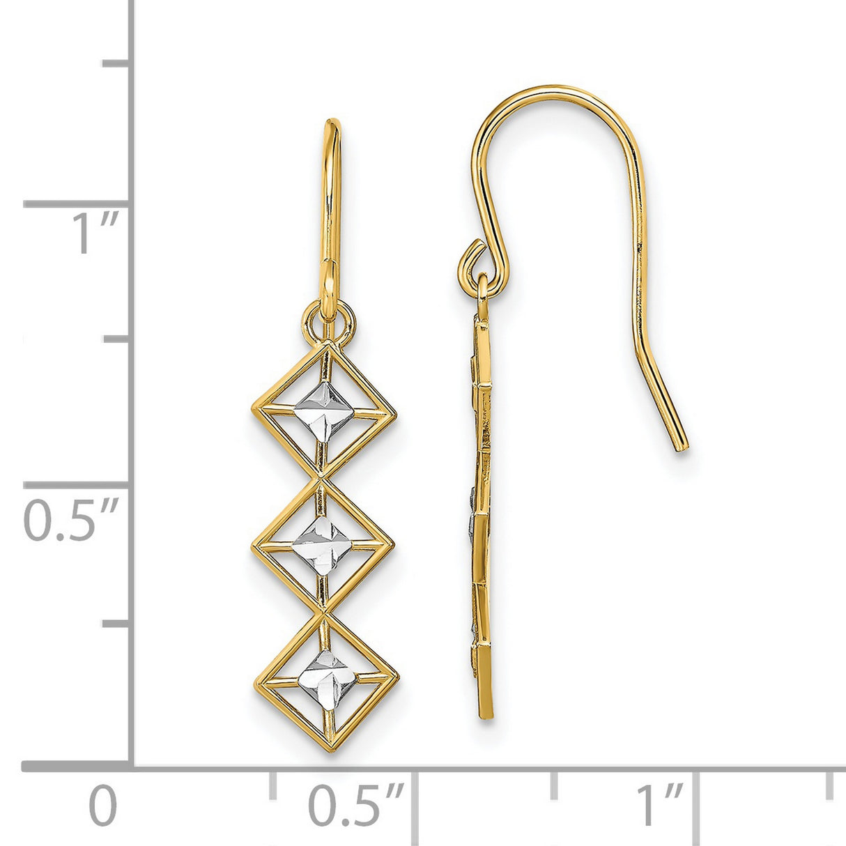 14k Yellow Gold Dangle Earrings, Geometric Drop Design with Diamond-Cut Centers, Two-Tone Style