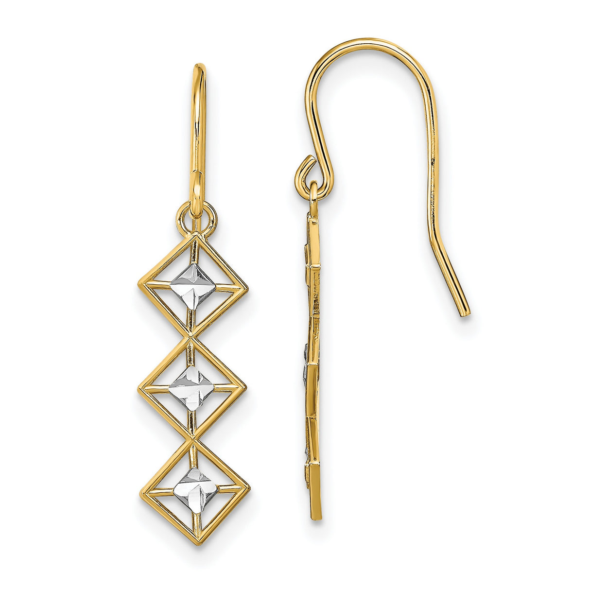 14k Yellow Gold Dangle Earrings, Geometric Drop Design with Diamond-Cut Centers, Two-Tone Style