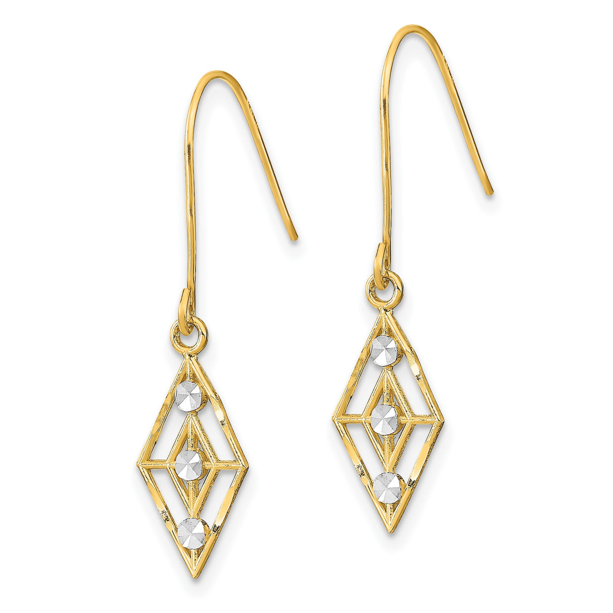 14k Yellow Gold Dangle Earrings with Geometric Openwork Diamond Shape and Rhodium Accents