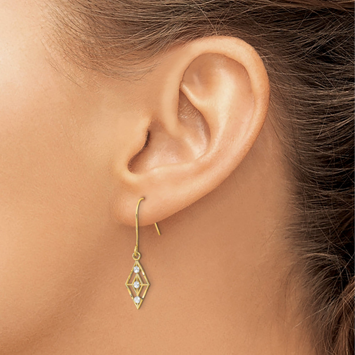 14k Yellow Gold Dangle Earrings with Geometric Openwork Diamond Shape and Rhodium Accents