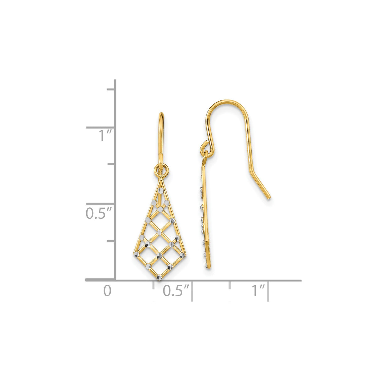14k Yellow Gold Drop Earrings with Rhodium, Textured Lattice Geometric Design, Two-Tone Dangle Style
