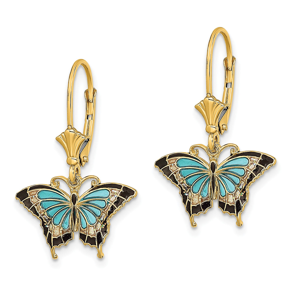 14k Yellow Gold Butterfly Dangle Earrings with Turquoise and Black Enamel Wings