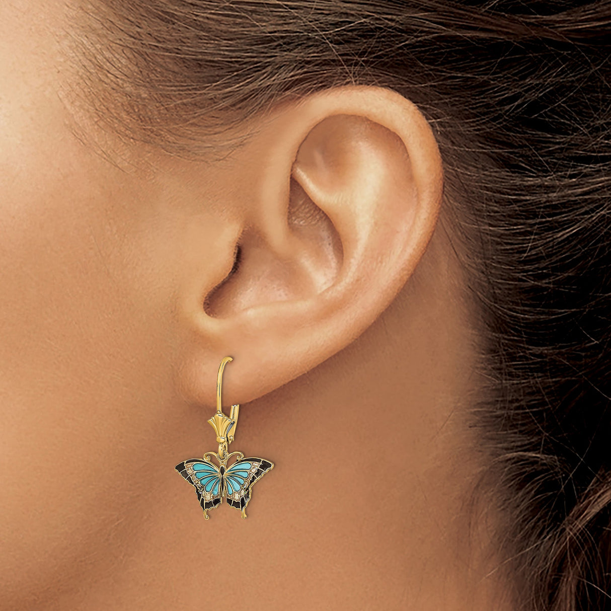 14k Yellow Gold Butterfly Dangle Earrings with Blue and Black Enamel Accents