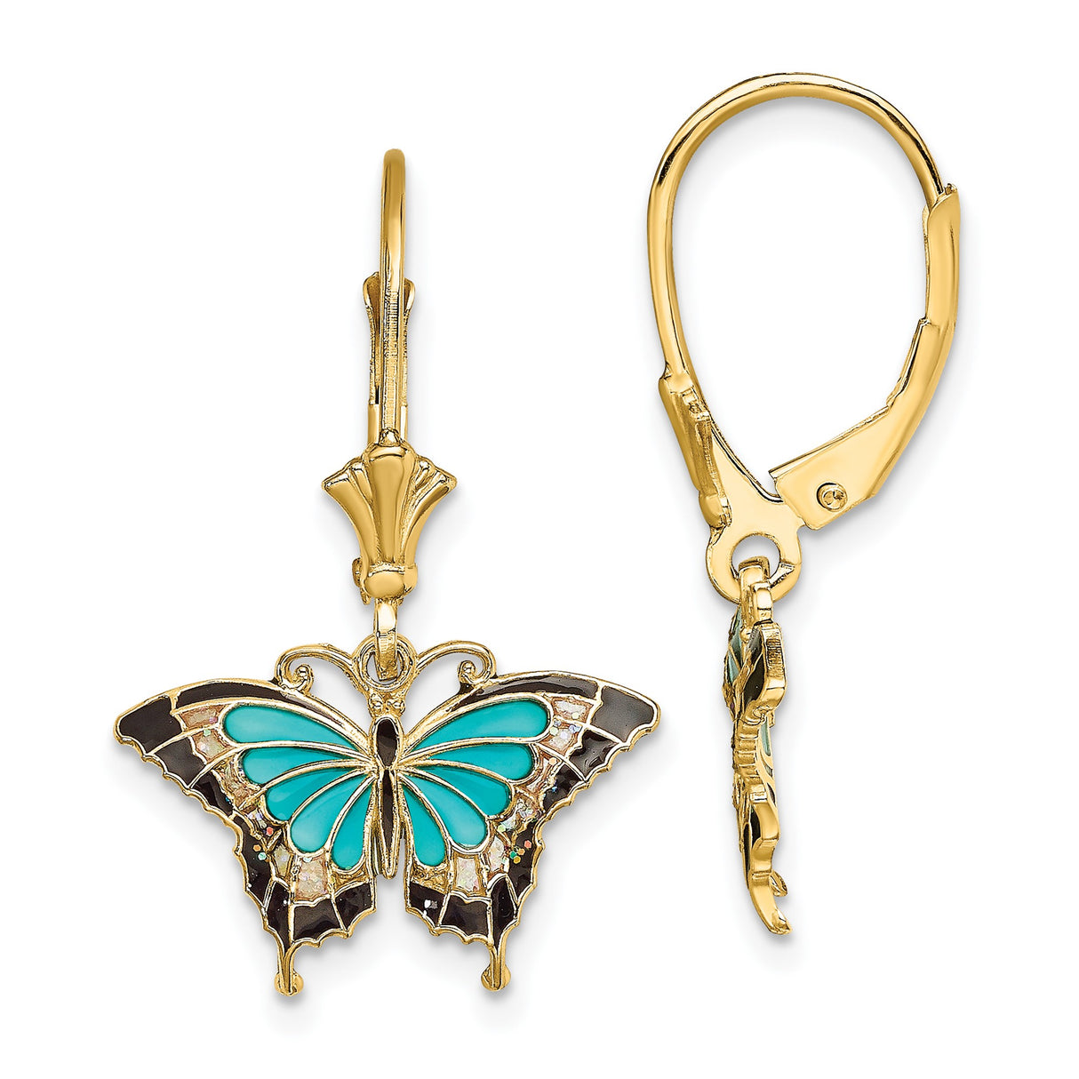 14k Yellow Gold Butterfly Dangle Earrings with Turquoise and Black Enamel Wings