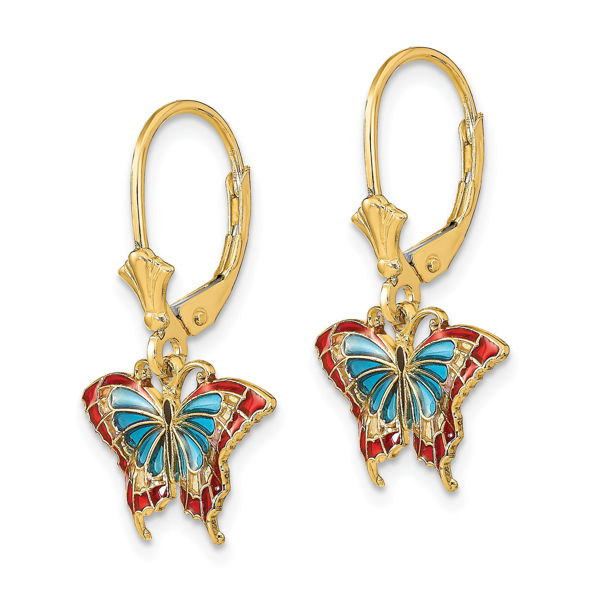 14k Yellow Gold Leverback Earrings with Colorful Enamel Butterfly Charms, Dangle Drop Design