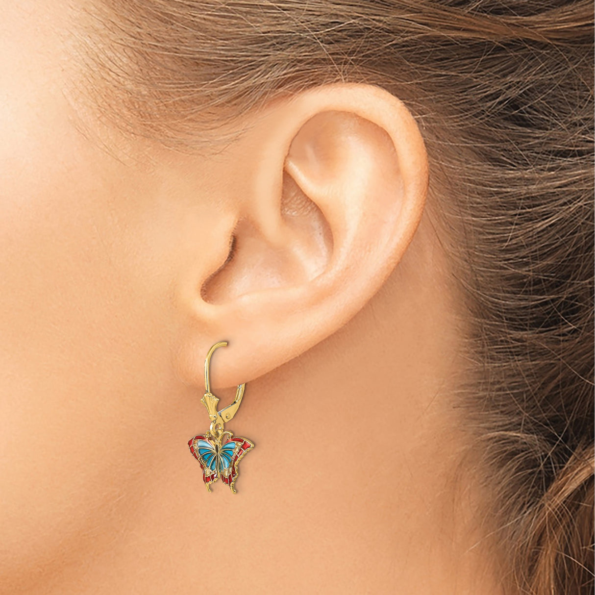 14k Yellow Gold Leverback Earrings with Colorful Enamel Butterfly Charms, Dangle Drop Design
