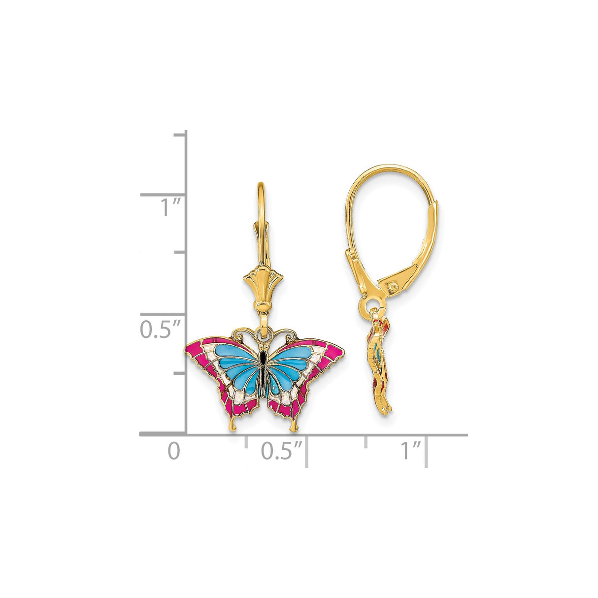 14k Yellow Gold Leverback Earrings with Colorful Enamel Butterfly Charms, Dangle Drop Design