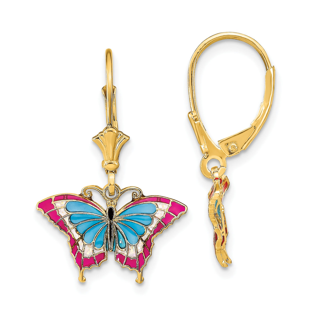 14k Yellow Gold Leverback Earrings with Colorful Enamel Butterfly Charms, Dangle Drop Design