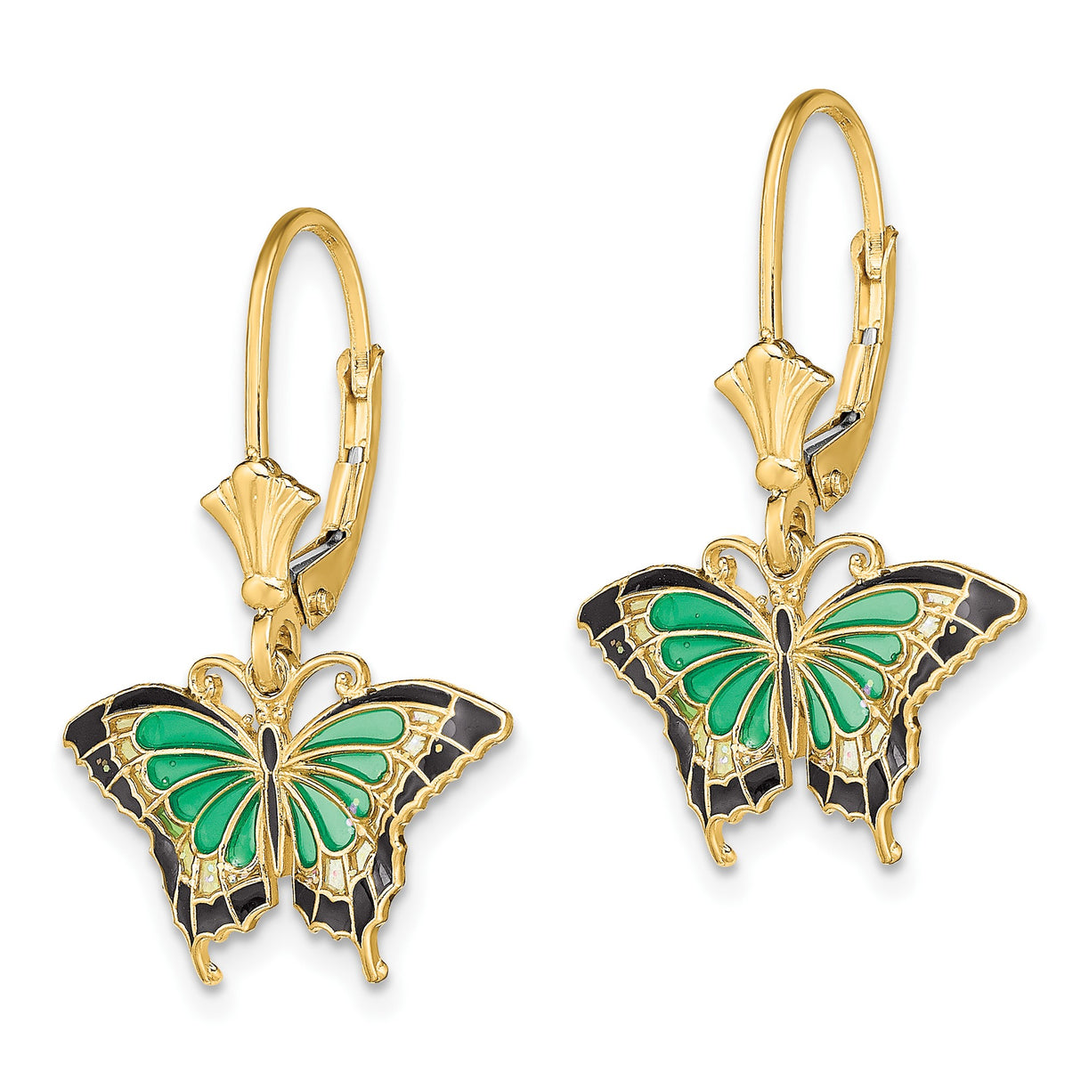 14k Yellow Gold Butterfly Drop Earrings with Green and Black Enamel Wings for Women