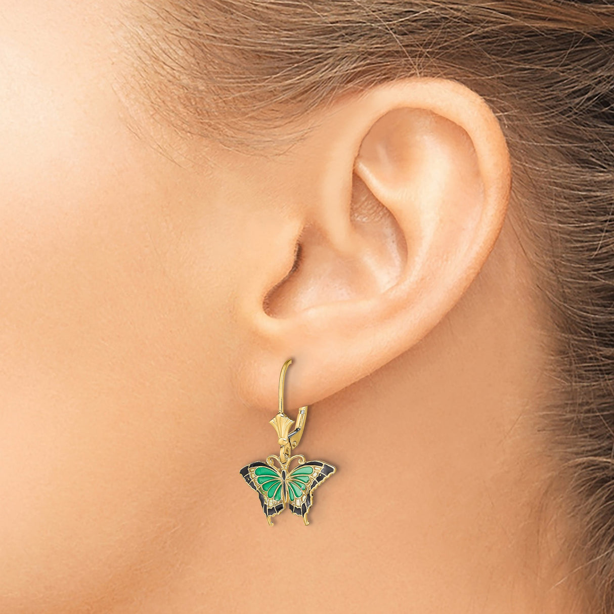 14k Yellow Gold Butterfly Drop Earrings with Green and Black Enamel Wings for Women