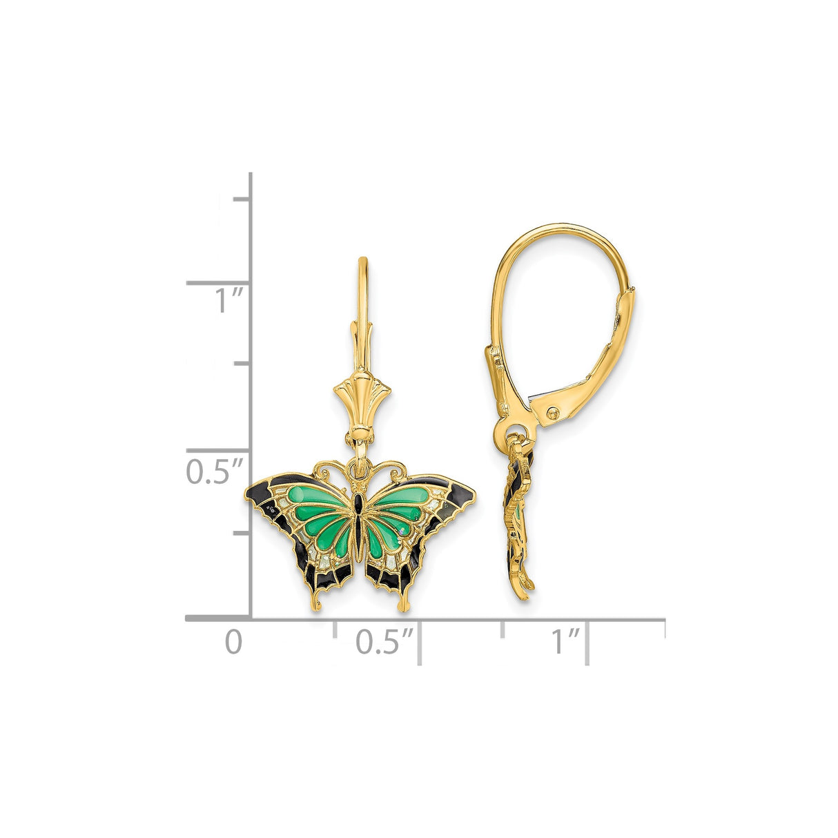 14k Yellow Gold Butterfly Drop Earrings with Green and Black Enamel Wings for Women