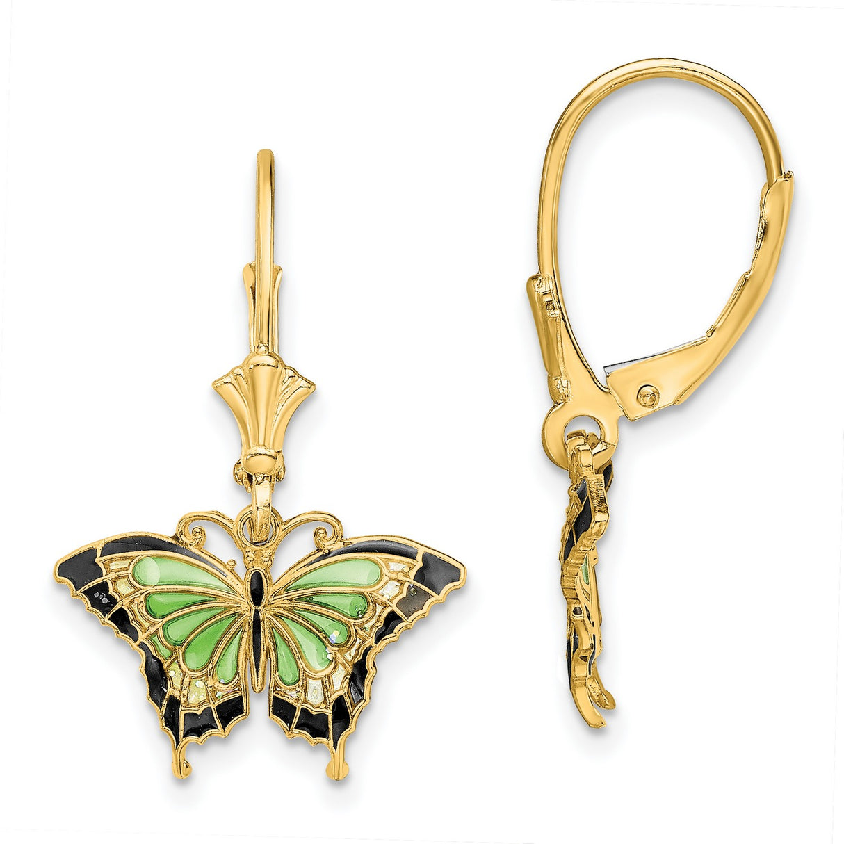 14k Yellow Gold Butterfly Drop Earrings with Green and Black Enamel Wings for Women