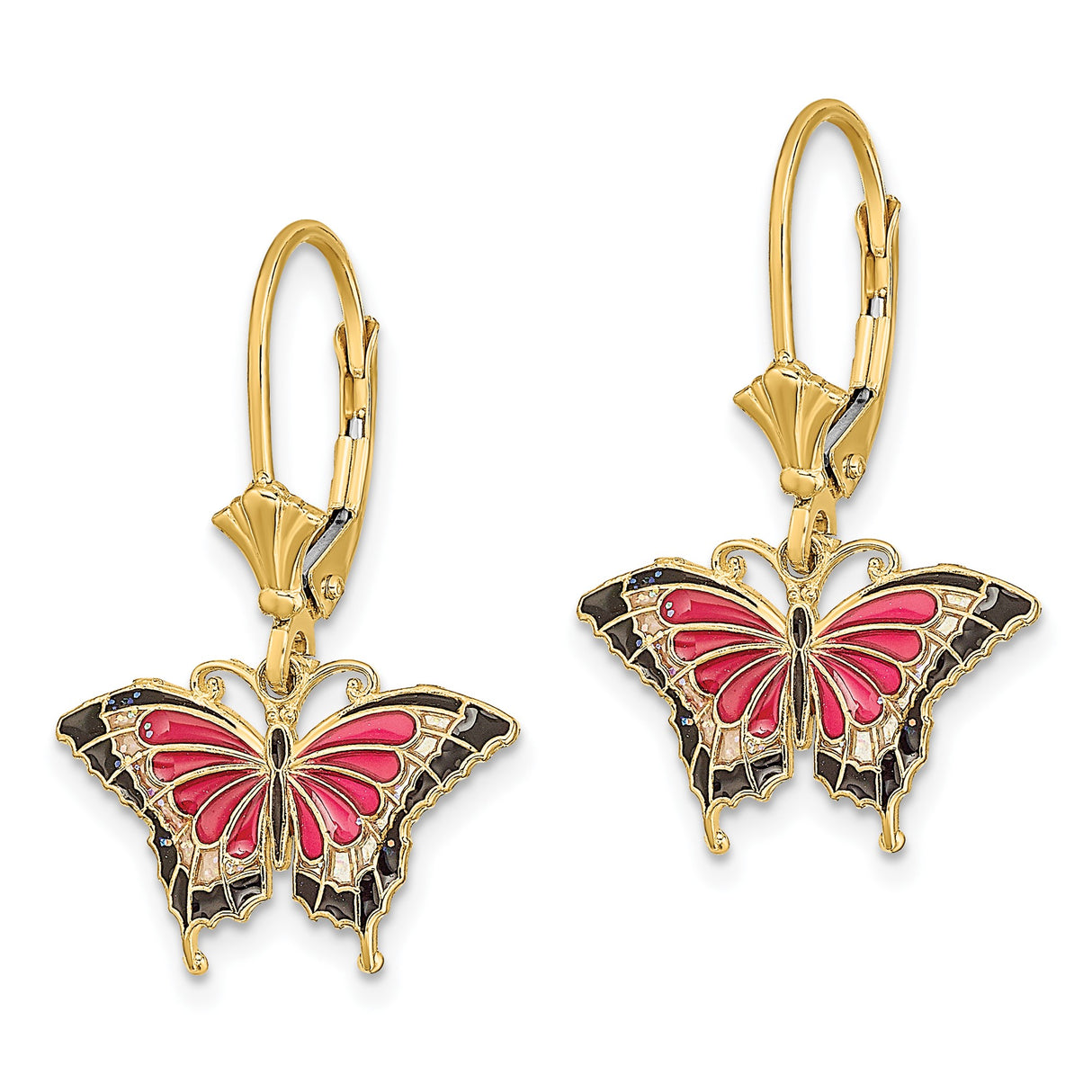 14k Yellow Gold Dangle Earrings with Pink and Black Enamel Butterfly Charms, Leverback Design