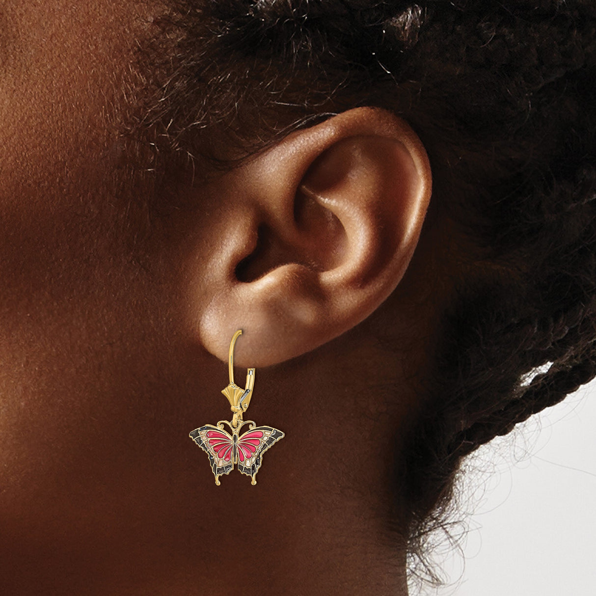 14k Yellow Gold Dangle Earrings with Pink and Black Enamel Butterfly Charms, Leverback Design