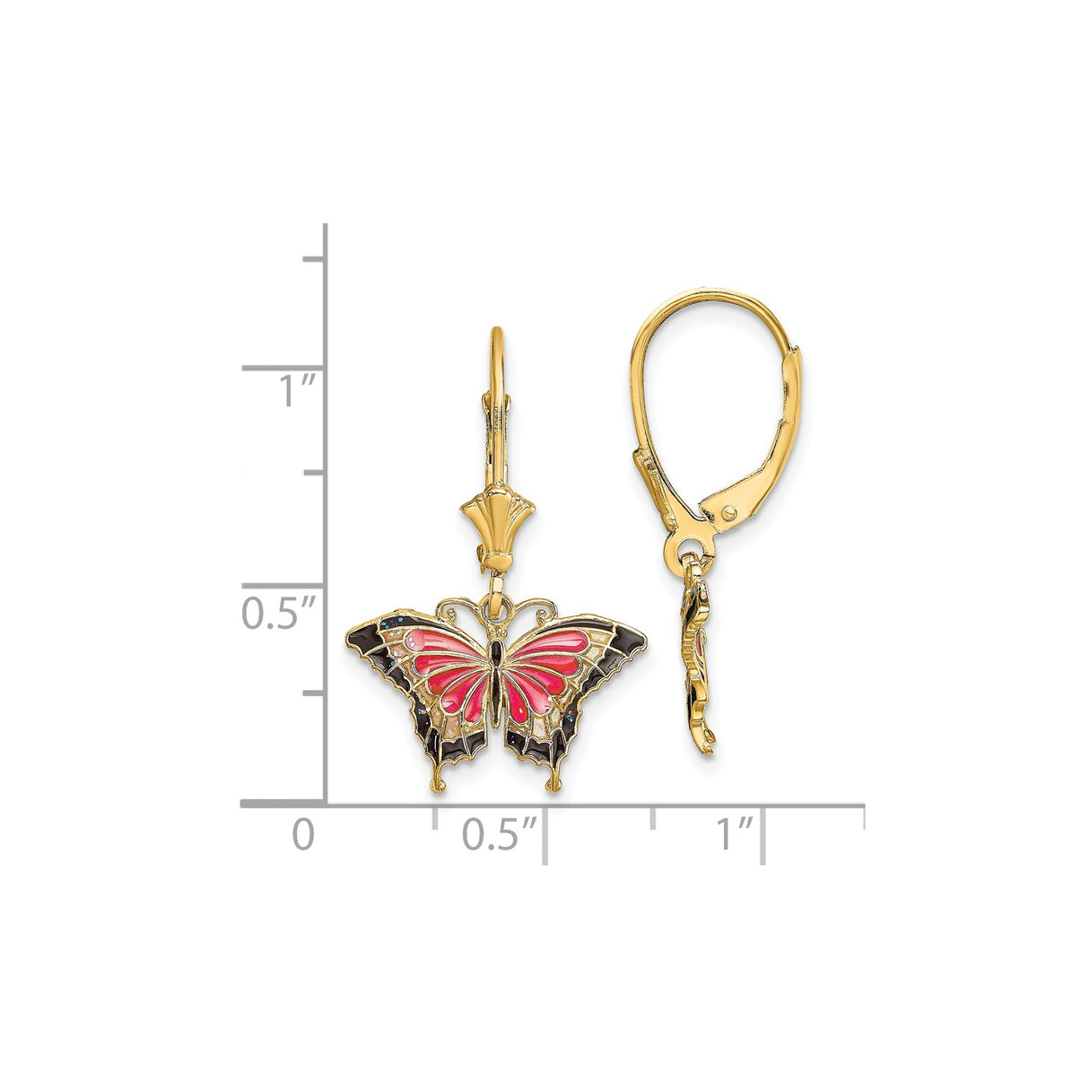 14k Yellow Gold Dangle Earrings with Pink and Black Enamel Butterfly Charms, Leverback Design