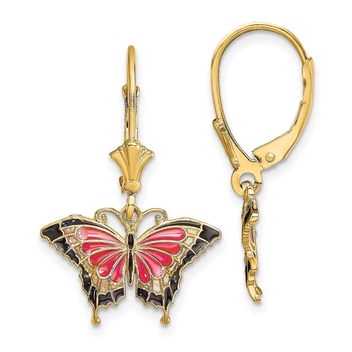 14k Yellow Gold Dangle Earrings with Pink and Black Enamel Butterfly Charms, Leverback Design