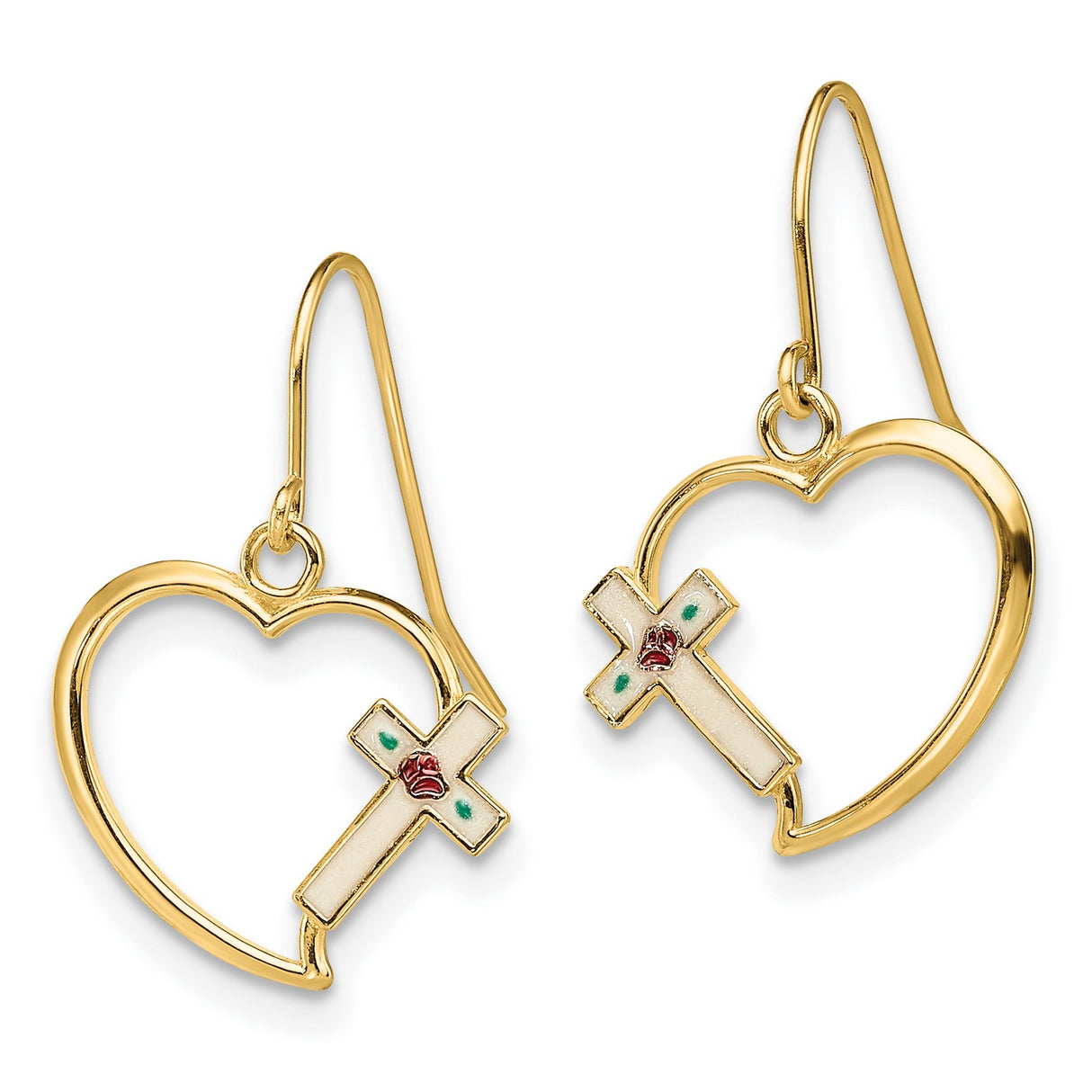 14k Yellow Gold Dangle Earrings with Open Heart and Enamel Cross Featuring Rose and Leaf Accents