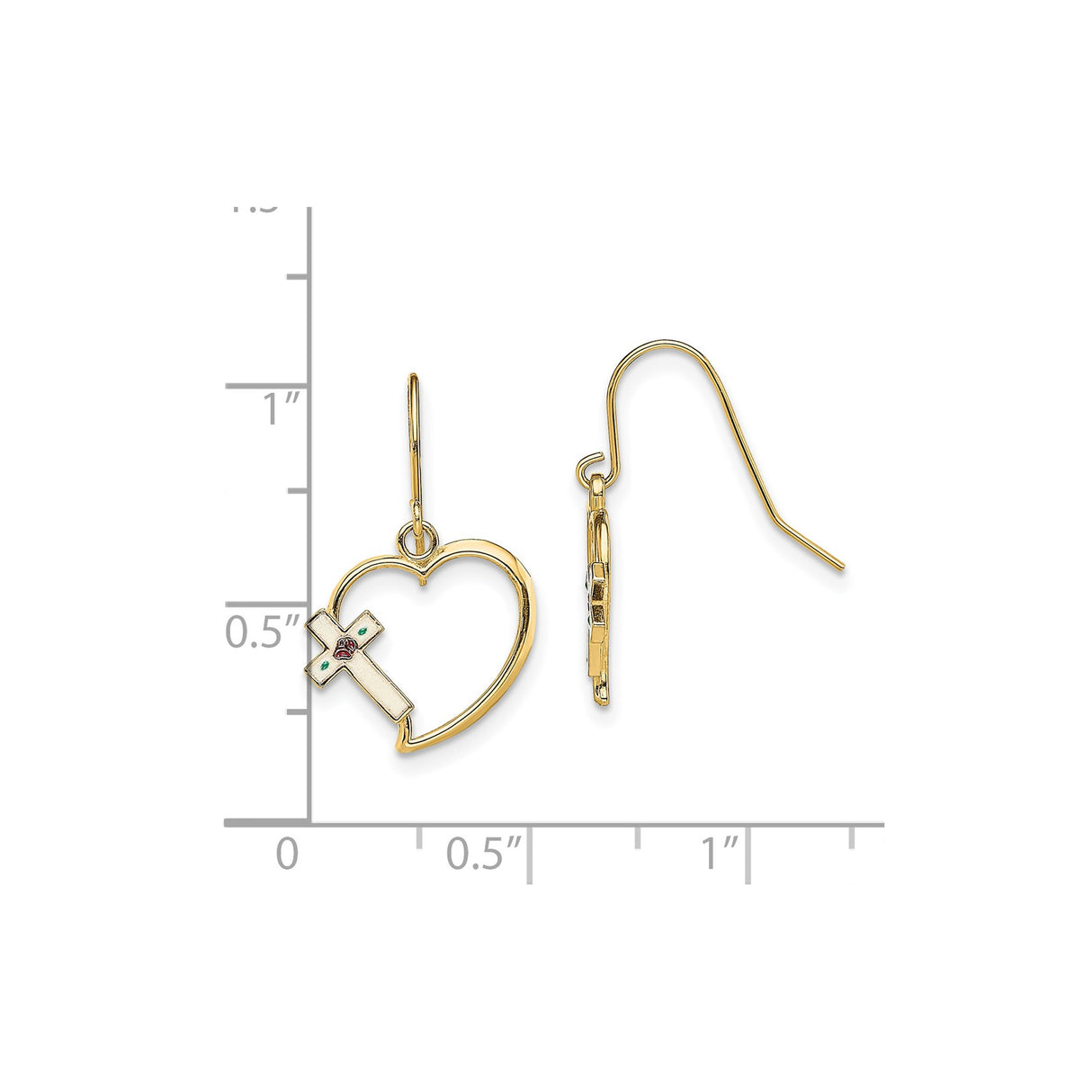 14k Yellow Gold Dangle Earrings with Open Heart and Enamel Cross Featuring Rose and Leaf Accents