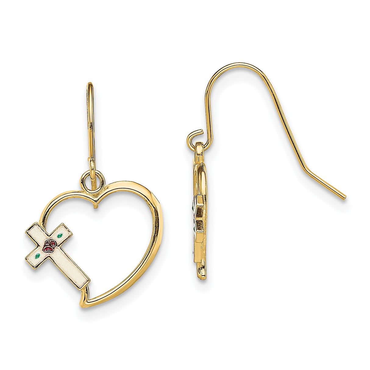 14k Yellow Gold Dangle Earrings with Open Heart and Enamel Cross Featuring Rose and Leaf Accents