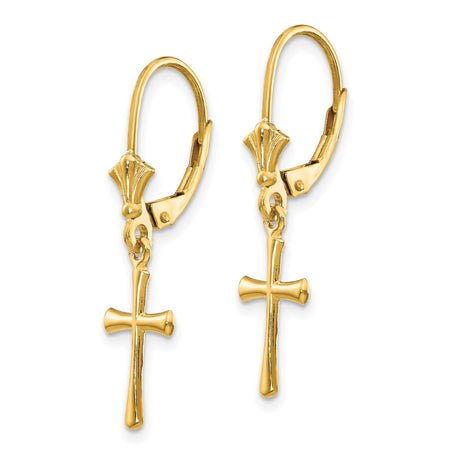 14k Yellow Gold Dangle Earrings with Polished Cross Charm and Leverback Closure