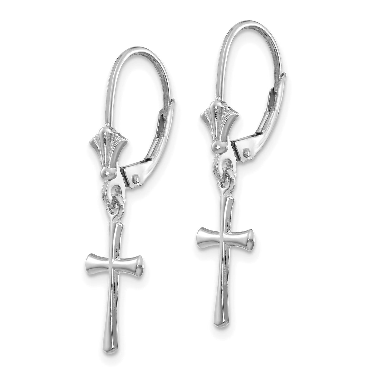 14k White Gold Dangle Cross Earrings with Leverback, Polished Christian Design for Women