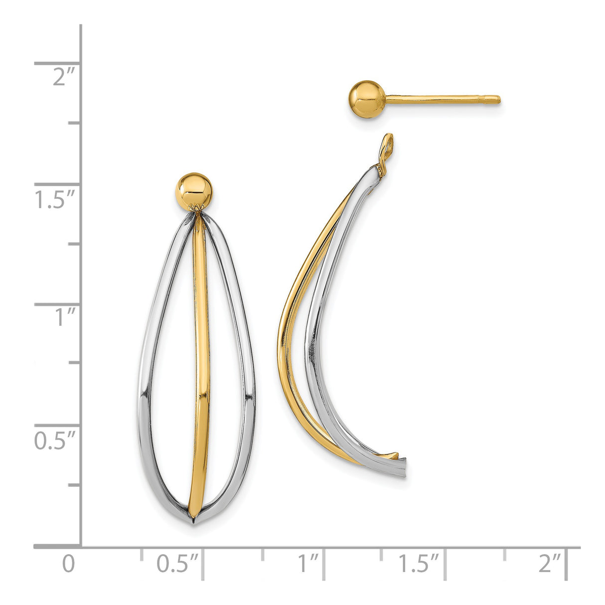 14k Yellow Gold Drop Earrings, Dual-Tone Teardrop Design with Curved Metal for Women
