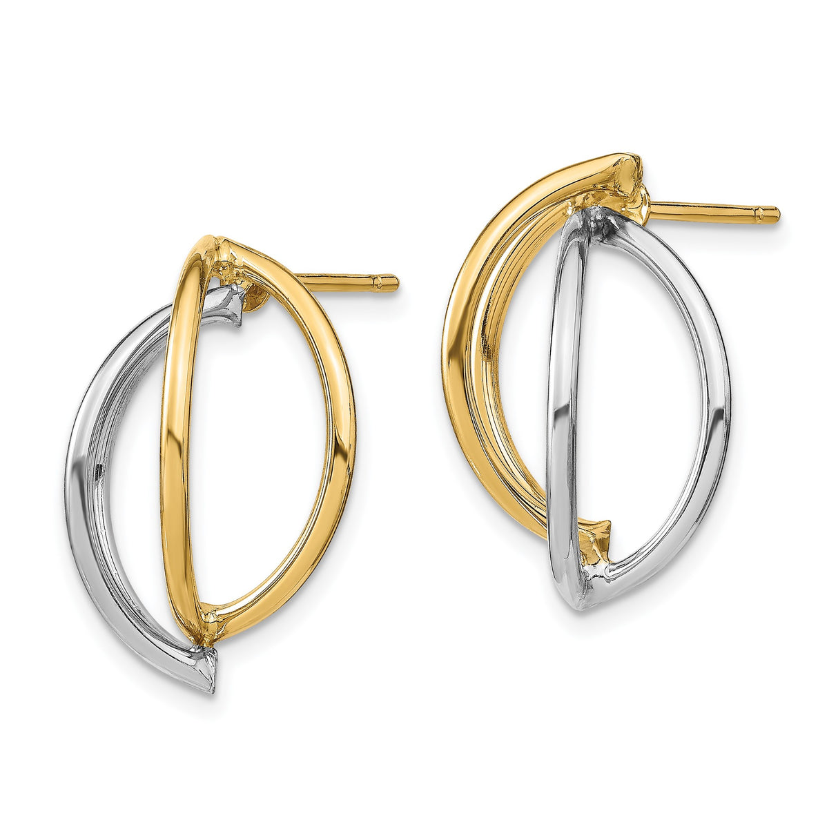 14k Yellow Gold Stud Earrings, Two-Tone Open Loop Design, Lightweight Modern Style
